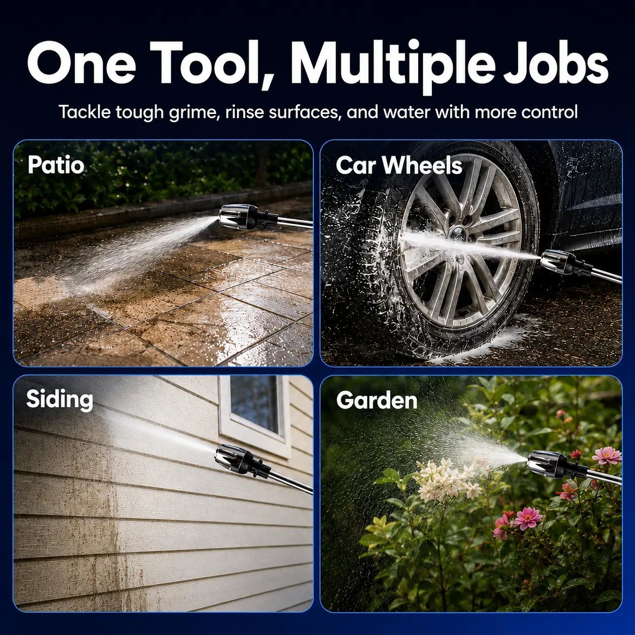 Power Blast Plus use cases including patio, car wheels, siding and garden